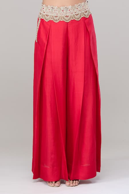 Shop_Anand Kabra_Red Embroidery Collared Floral Patchwork Shirt And Pant Set_Online_at_Aza_Fashions