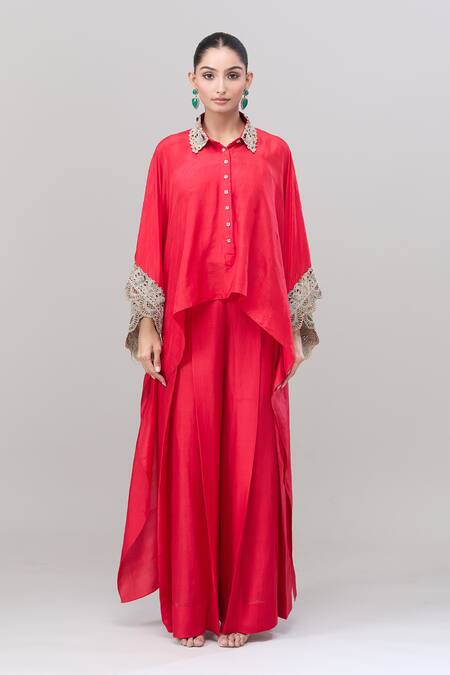 Anand Kabra_Red Embroidery Collared Floral Patchwork Shirt And Pant Set_at_Aza_Fashions