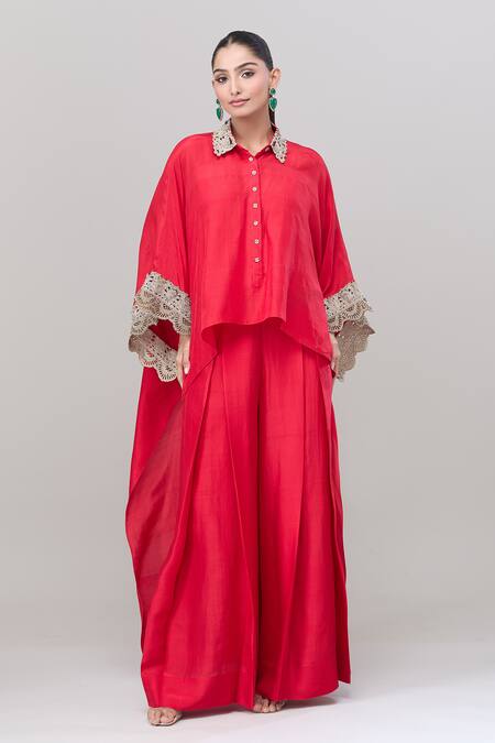 Buy_Anand Kabra_Red Embroidery Collared Floral Patchwork Shirt And Pant Set