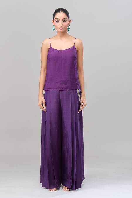 Anand Kabra_Purple Silk Embroidery Round Neck Floral Patchwork Kaftan And Pant Set_Online_at_Aza_Fashions