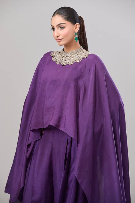 Buy_Anand Kabra_Purple Silk Embroidery Round Neck Floral Patchwork Kaftan And Pant Set_Online_at_Aza_Fashions
