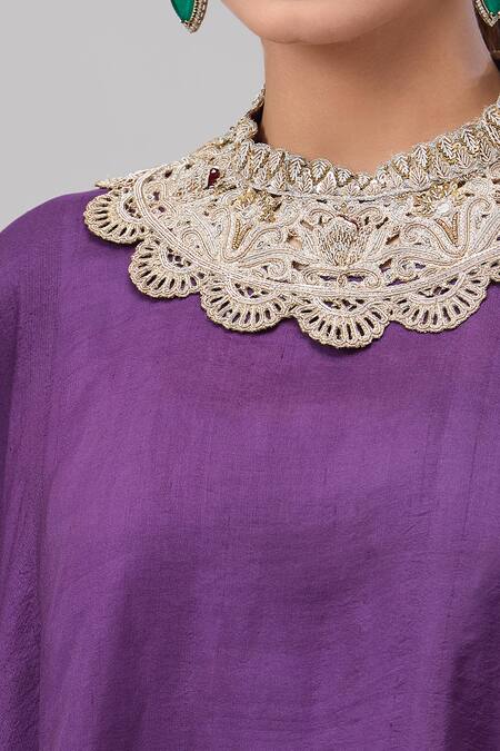 Shop_Anand Kabra_Purple Silk Embroidery Round Neck Floral Patchwork Kaftan And Pant Set_Online_at_Aza_Fashions