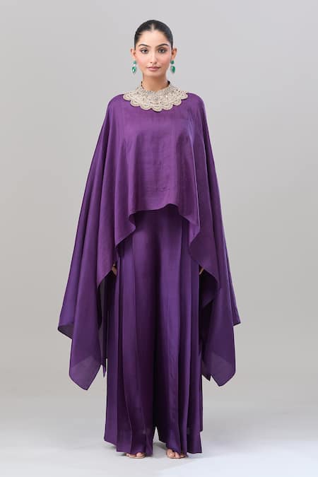 Buy_Anand Kabra_Purple Silk Embroidery Round Neck Floral Patchwork Kaftan And Pant Set