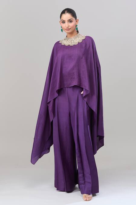 Shop_Anand Kabra_Purple Silk Embroidery Round Neck Floral Patchwork Kaftan And Pant Set