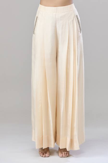 Anand Kabra_Beige Cotton Embroidery Round Neck Floral Patchwork Kaftan And Flared Pant Set_Online_at_Aza_Fashions