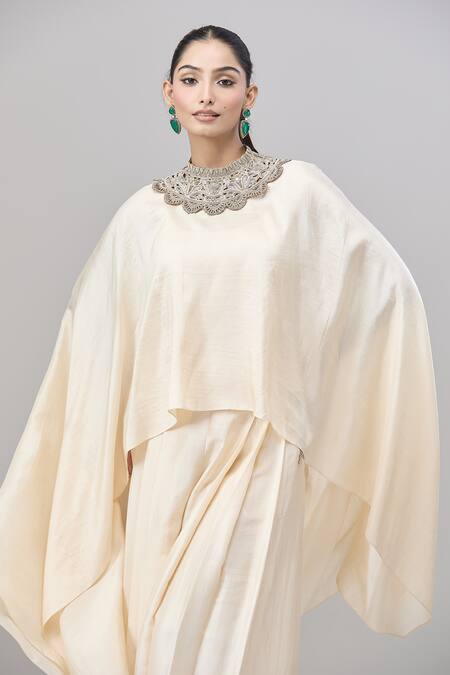 Buy_Anand Kabra_Beige Cotton Embroidery Round Neck Floral Patchwork Kaftan And Flared Pant Set_Online_at_Aza_Fashions