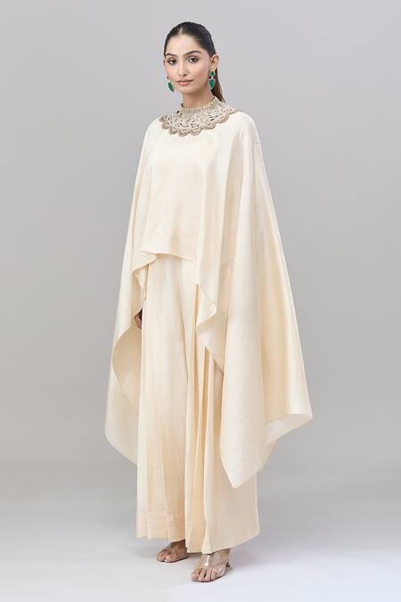 Shop_Anand Kabra_Beige Cotton Embroidery Round Neck Floral Patchwork Kaftan And Flared Pant Set_Online_at_Aza_Fashions