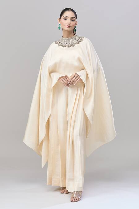 Anand Kabra_Beige Cotton Embroidery Round Neck Floral Patchwork Kaftan And Flared Pant Set_at_Aza_Fashions