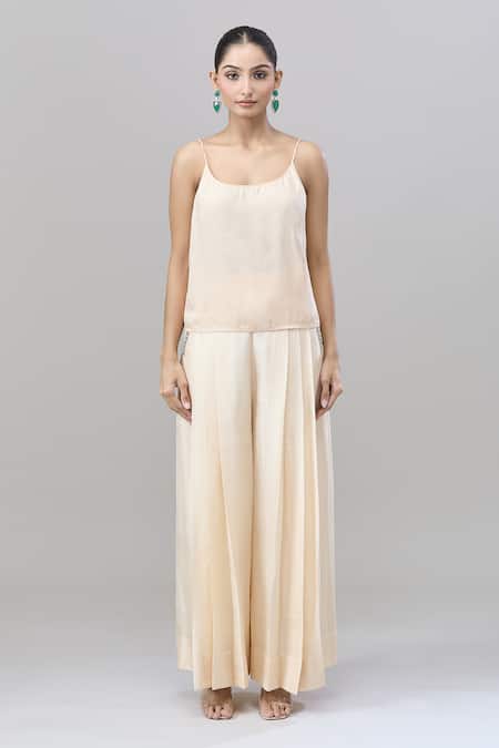 Buy_Anand Kabra_Beige Cotton Embroidery Round Neck Floral Patchwork Kaftan And Flared Pant Set