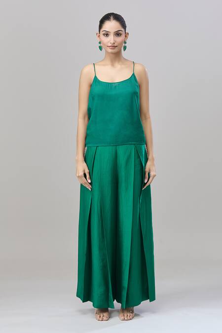 Anand Kabra_Emerald Green Satin Embroidery Floral Cutwork Cape Pant Set_Online_at_Aza_Fashions