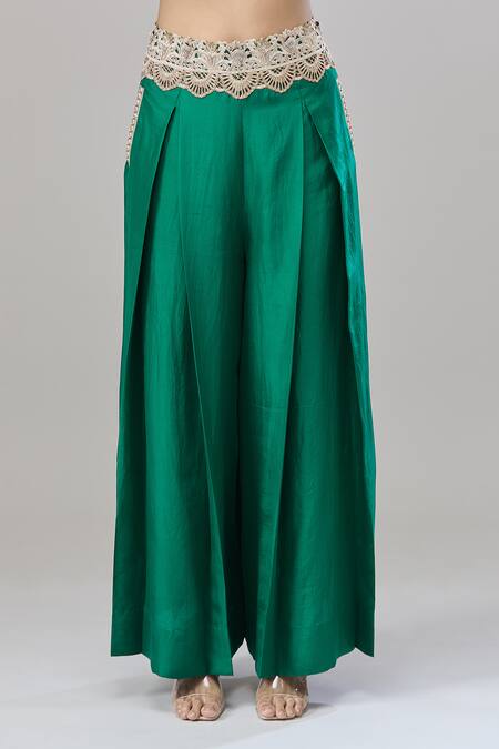 Shop_Anand Kabra_Emerald Green Satin Embroidery Floral Cutwork Cape Pant Set_Online_at_Aza_Fashions