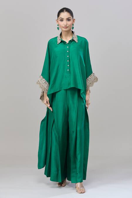 Anand Kabra_Emerald Green Satin Embroidery Floral Cutwork Cape Pant Set_at_Aza_Fashions