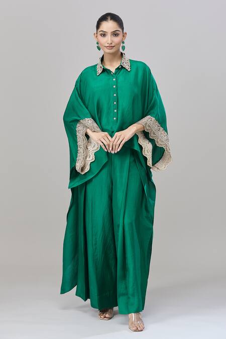 Buy_Anand Kabra_Emerald Green Satin Embroidery Floral Cutwork Cape Pant Set