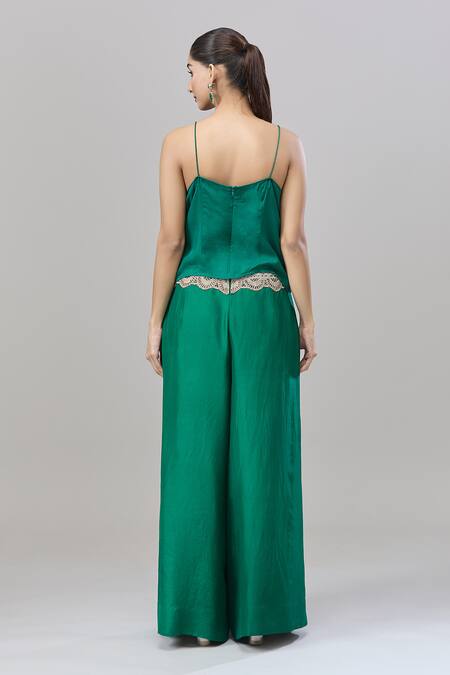 Shop_Anand Kabra_Emerald Green Satin Embroidery Floral Cutwork Cape Pant Set