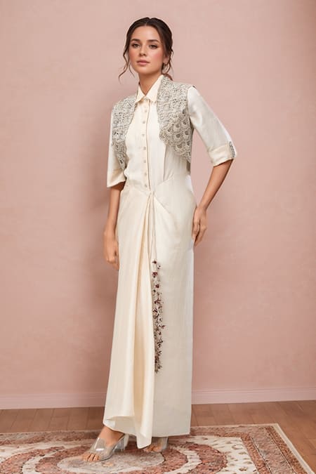 Anand Kabra Shirt Dress With Floral Cutwork Embroidered Jacket 