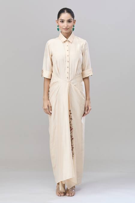 Anand Kabra_Beige Cotton Embroidery Collared, Open Neck Shirt Dress And Floral Jacket_Online_at_Aza_Fashions