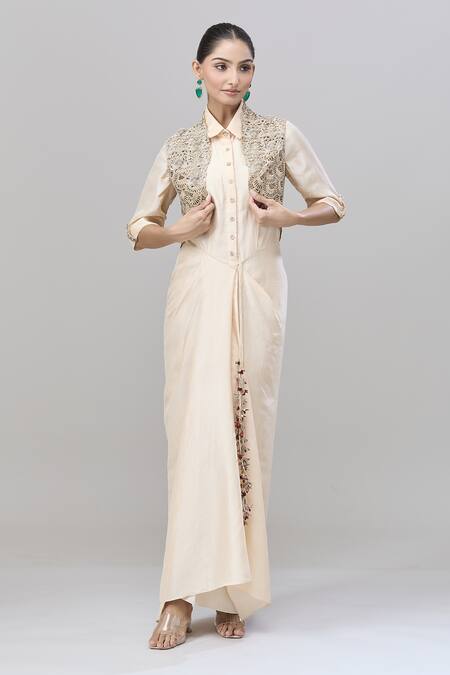 Shop_Anand Kabra_Beige Cotton Embroidery Collared, Open Neck Shirt Dress And Floral Jacket_Online_at_Aza_Fashions