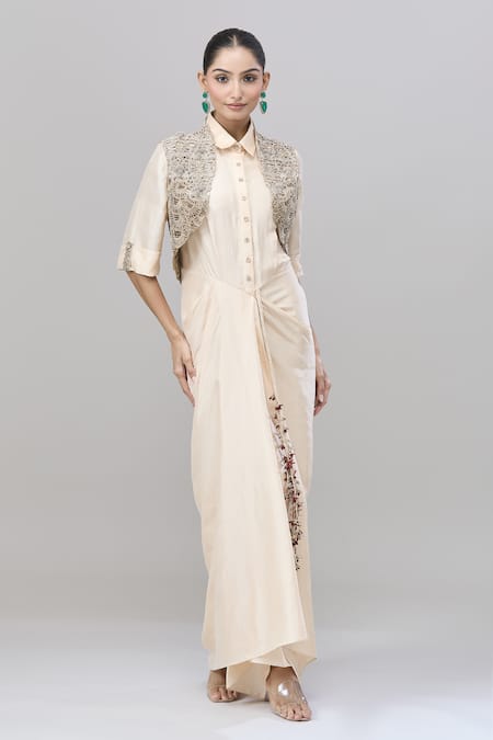 Anand Kabra_Beige Cotton Embroidery Collared, Open Neck Shirt Dress And Floral Jacket_at_Aza_Fashions