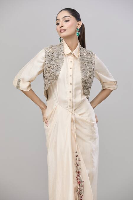 Buy_Anand Kabra_Beige Cotton Embroidery Collared, Open Neck Shirt Dress And Floral Jacket