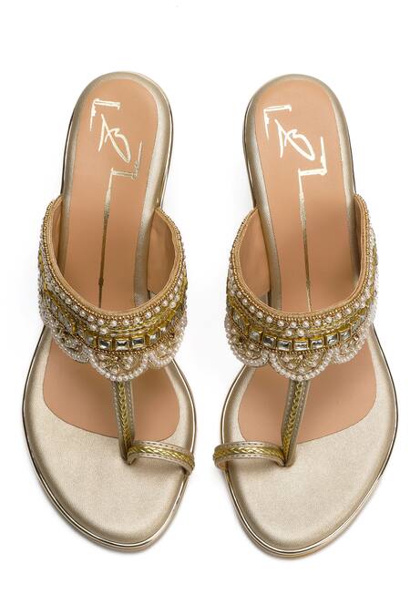 Nidhi Bhandari_Gold Pearls, Stones, Beads Scallop Bloom Embroidered Heels _Online_at_Aza_Fashions