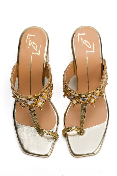 Nidhi Bhandari_Gold Mirrors, Beads, Zari Strap Block Heels _Online_at_Aza_Fashions