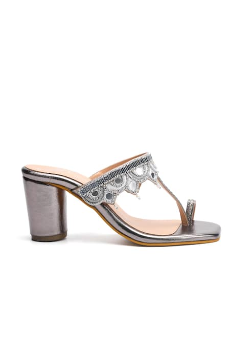 Nidhi Bhandari Gunmetal Silver Embroidered Block Heels 