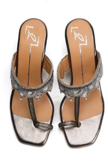 Nidhi Bhandari_Silver Mirrors, Beads, Zari Gunmetal Embroidered Block Heels _Online_at_Aza_Fashions