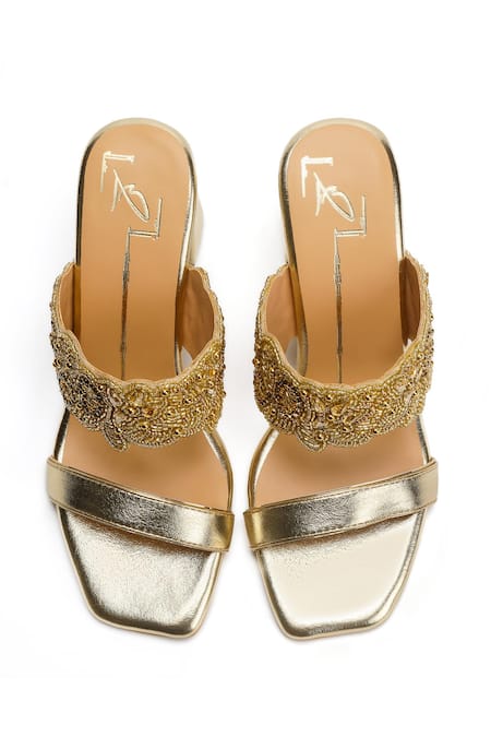Nidhi Bhandari_Gold Cut Work, Crystals, Beads Cutdana Bloom Embroidered Block Heels _Online_at_Aza_Fashions