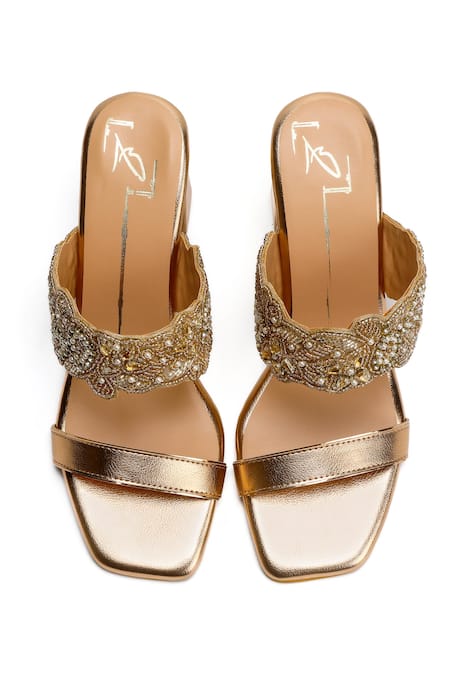 Nidhi Bhandari_Rose Gold Cut Work, Crystals, Beads Cutdana Blossom Block Heels _Online_at_Aza_Fashions