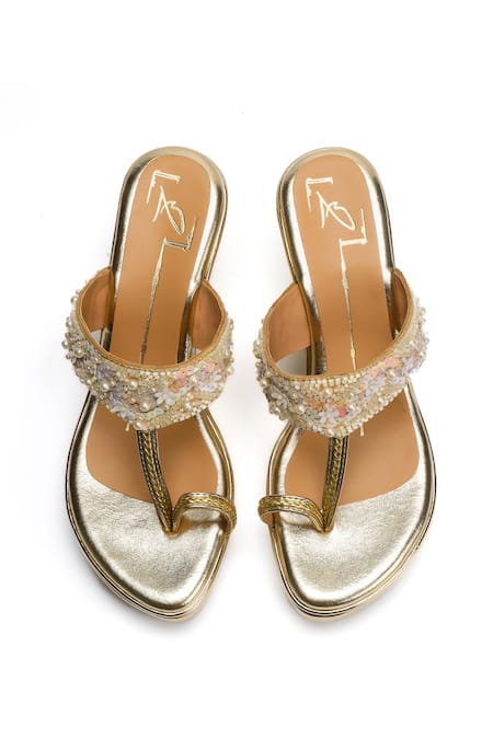 Nidhi Bhandari_Gold Cut Work, Pearls, Sequins Floral Confetti Embellished Wedges _Online_at_Aza_Fashions