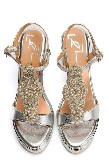Nidhi Bhandari_Silver Cut Work, Pearls, Sequins Confetti Embellished Wedges _Online_at_Aza_Fashions