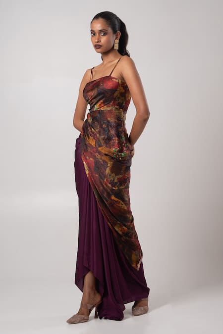 Advait_Purple Linen Satin Print Sepia Square Neck Cross Cut Kurta And Draped Skirt _Online_at_Aza_Fashions