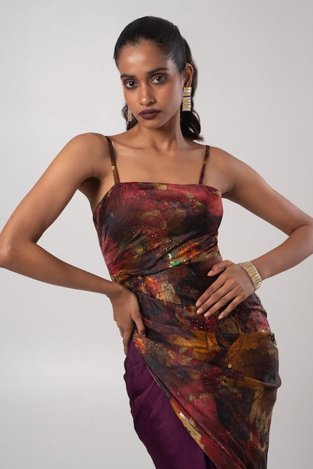 Buy_Advait_Purple Linen Satin Print Sepia Square Neck Cross Cut Kurta And Draped Skirt _Online_at_Aza_Fashions