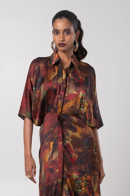 Advait_Brown Linen Satin Print Sepia Collar Neck Maxi Shirt Dress With _Online_at_Aza_Fashions