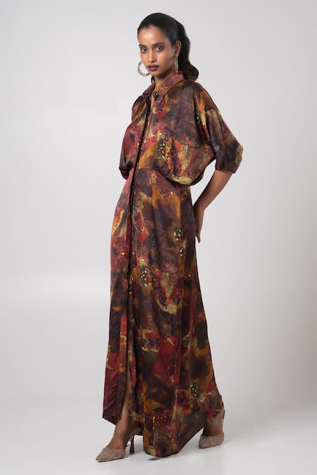 Buy_Advait_Brown Linen Satin Print Sepia Collar Neck Maxi Shirt Dress With _Online_at_Aza_Fashions