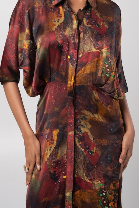 Shop_Advait_Brown Linen Satin Print Sepia Collar Neck Maxi Shirt Dress With _Online_at_Aza_Fashions