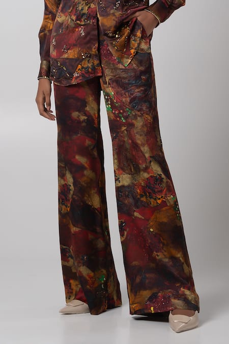 Advait_Brown Linen, Satin Sequins, Embroidery Sepia Print Shirt And Flared Trouser _Online_at_Aza_Fashions