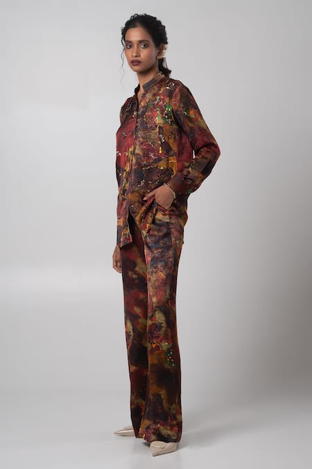 Buy_Advait_Brown Linen, Satin Sequins, Embroidery Sepia Print Shirt And Flared Trouser _Online_at_Aza_Fashions