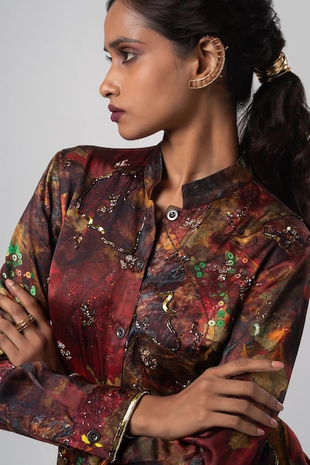 Shop_Advait_Brown Linen, Satin Sequins, Embroidery Sepia Print Shirt And Flared Trouser _Online_at_Aza_Fashions