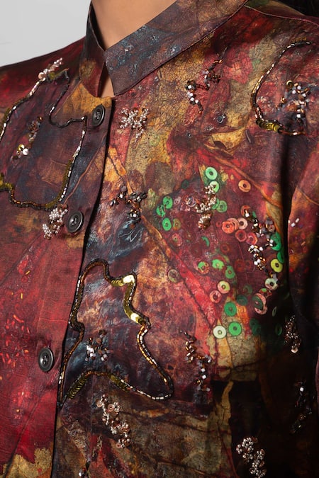 Advait_Brown Linen, Satin Sequins, Embroidery Sepia Print Shirt And Flared Trouser _at_Aza_Fashions