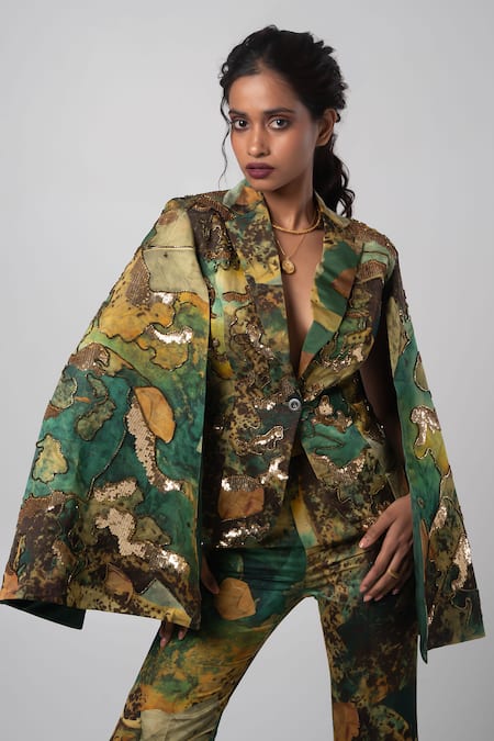 Buy Advait Green Linen Satin Print Sepia Cutdana Sequin Embellished Blazer And Trouser Set Online at Aza Fashions Buy_Advait_Green Linen Satin Print Sepia Cutdana Sequin Embellished Blazer And Trouser Set _Online_at_Aza_Fashions