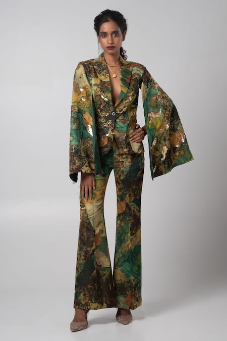 Shop Advait Green Linen Satin Print Sepia Cutdana Sequin Embellished Blazer And Trouser Set Online at Aza Fashions Shop_Advait_Green Linen Satin Print Sepia Cutdana Sequin Embellished Blazer And Trouser Set _Online_at_Aza_Fashions