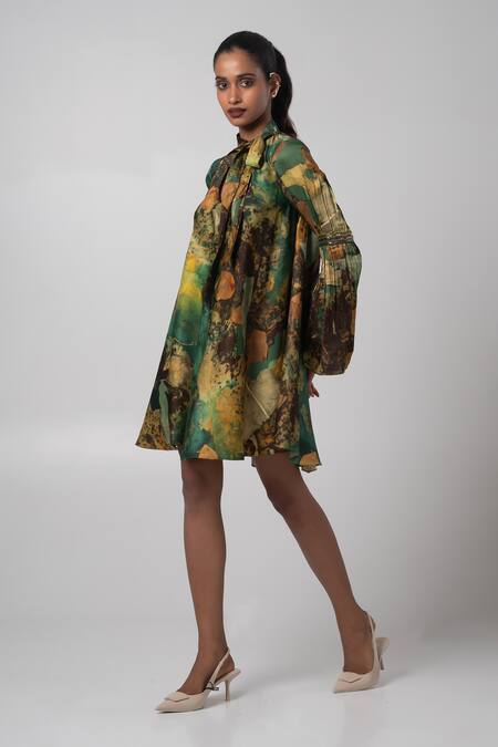 Buy_Advait_Green Linen Satin Print Verve Tie Up Collar Dress _Online_at_Aza_Fashions