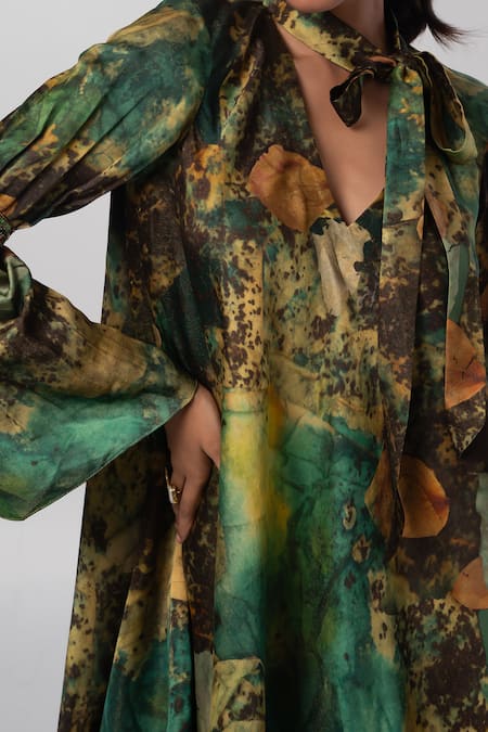 Shop_Advait_Green Linen Satin Print Verve Tie Up Collar Dress _Online_at_Aza_Fashions