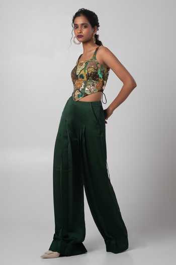 Advait_Green Linen, Satin Sequins Square Neck Embellished Corset Top And Trouser Set _Online_at_Aza_Fashions