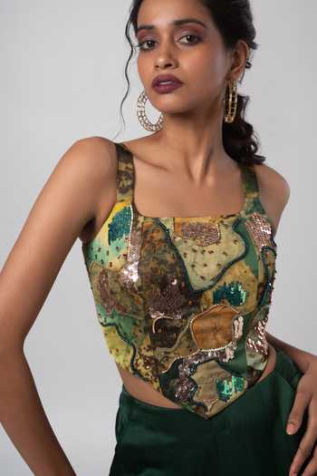 Buy_Advait_Green Linen, Satin Sequins Square Neck Embellished Corset Top And Trouser Set _Online_at_Aza_Fashions
