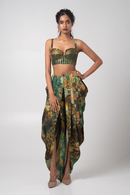 Advait_Green Organza, Linen Sequins, Cut Work Embroidered Cape And Dhoti Pant Set _Online_at_Aza_Fashions