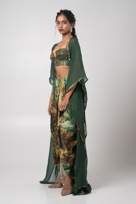 Shop_Advait_Green Organza, Linen Sequins, Cut Work Embroidered Cape And Dhoti Pant Set _Online_at_Aza_Fashions