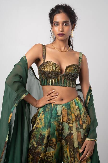Advait_Green Organza, Linen Sequins, Cut Work Embroidered Cape And Dhoti Pant Set _at_Aza_Fashions