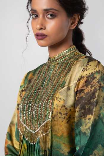 Advait_Green Linen, Satin Sequins, Cut Work Bandeau Hand Embroidered Yoke Kurta Set _at_Aza_Fashions